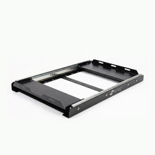 Heavy-duty black 4x4 fridge slide for off-road vehicle storage, metal frame on white background