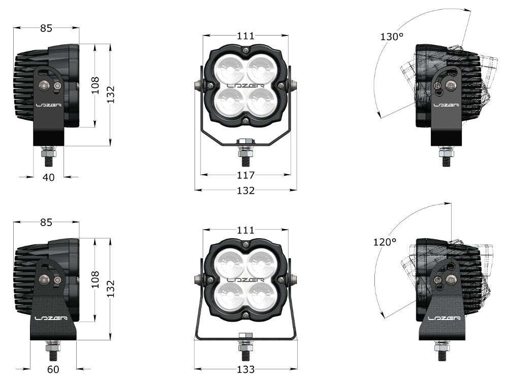 Spot à LED LAZER LAMPS Utility 45 (Support Large) - Homologué ADR