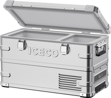 Réfrigérateur/congélateur ICECO 35L double zone en argent, frigo portable avec compartiments séparés, pour accessoires et stockage.