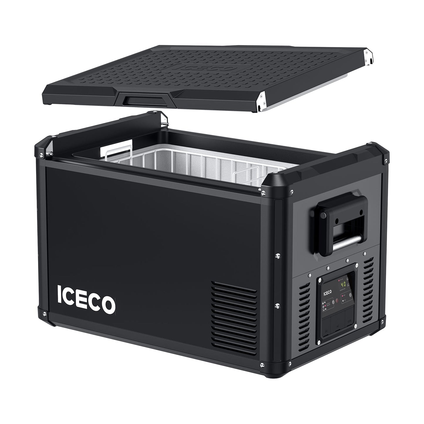 Réfrigérateur congélateur ICECO VL60PROS 60L gris avec compartiments, compact et idéal pour le camping ou le voyage.