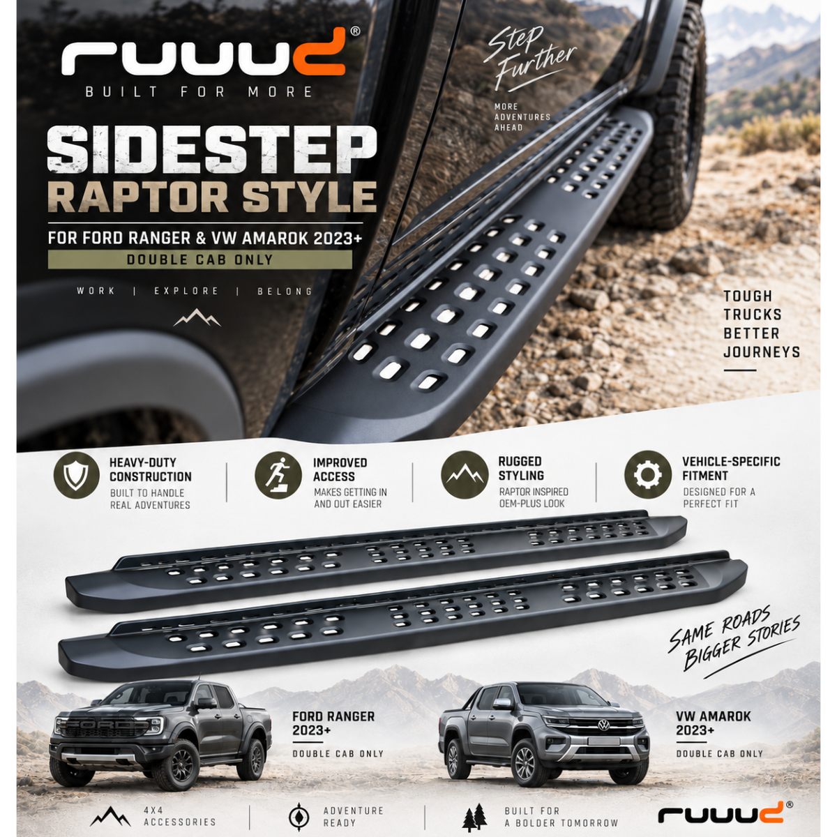 Marchepieds latéraux aluminium RUUUD style Raptor Ford Ranger T9 2023+