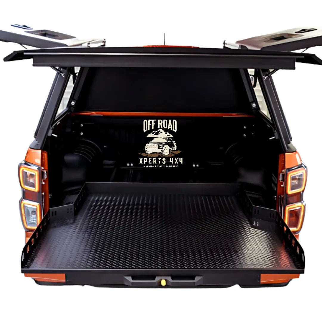 Plateau coulissant RUUUD pour Maxus T90/T60 Double Cab 2022, plateforme robuste en métal avec rails pour chargement facile.
